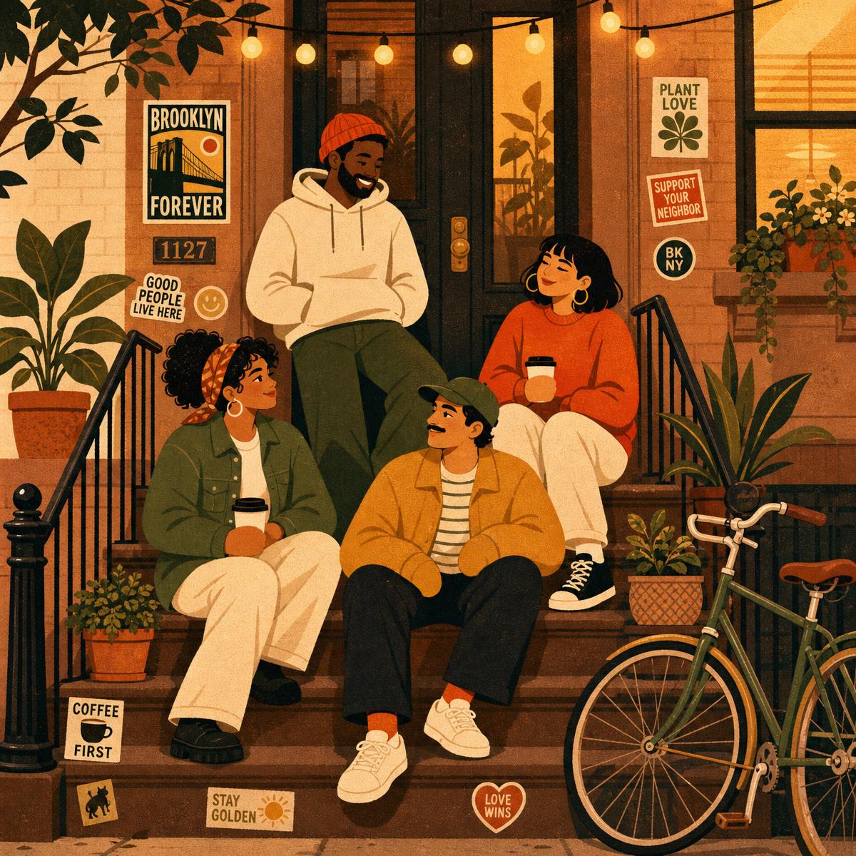 Neighbors hanging out on a Brooklyn brownstone stoop with coffee, a basketball and a board game